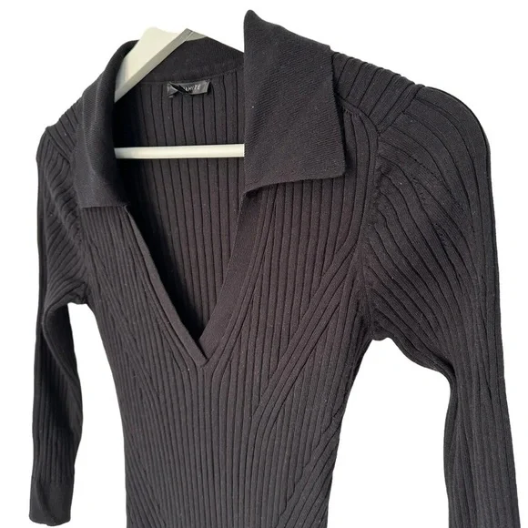 DYNAMITE BLACK RIBBED MAXI DRESS WITH V-NECK, COLLAR & SIDE SLIT | SIZE SMALL - Picture 7 of 15